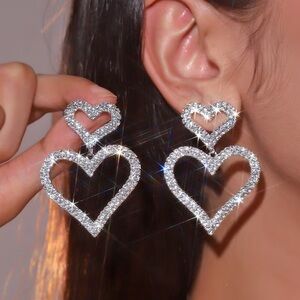 Sparkling Double Heart Drop Earrings - Silver Crystal